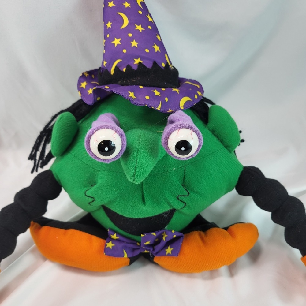 Gemmy Animated Cackling Witch Plush Halloween Decor Green Purple Hat READ